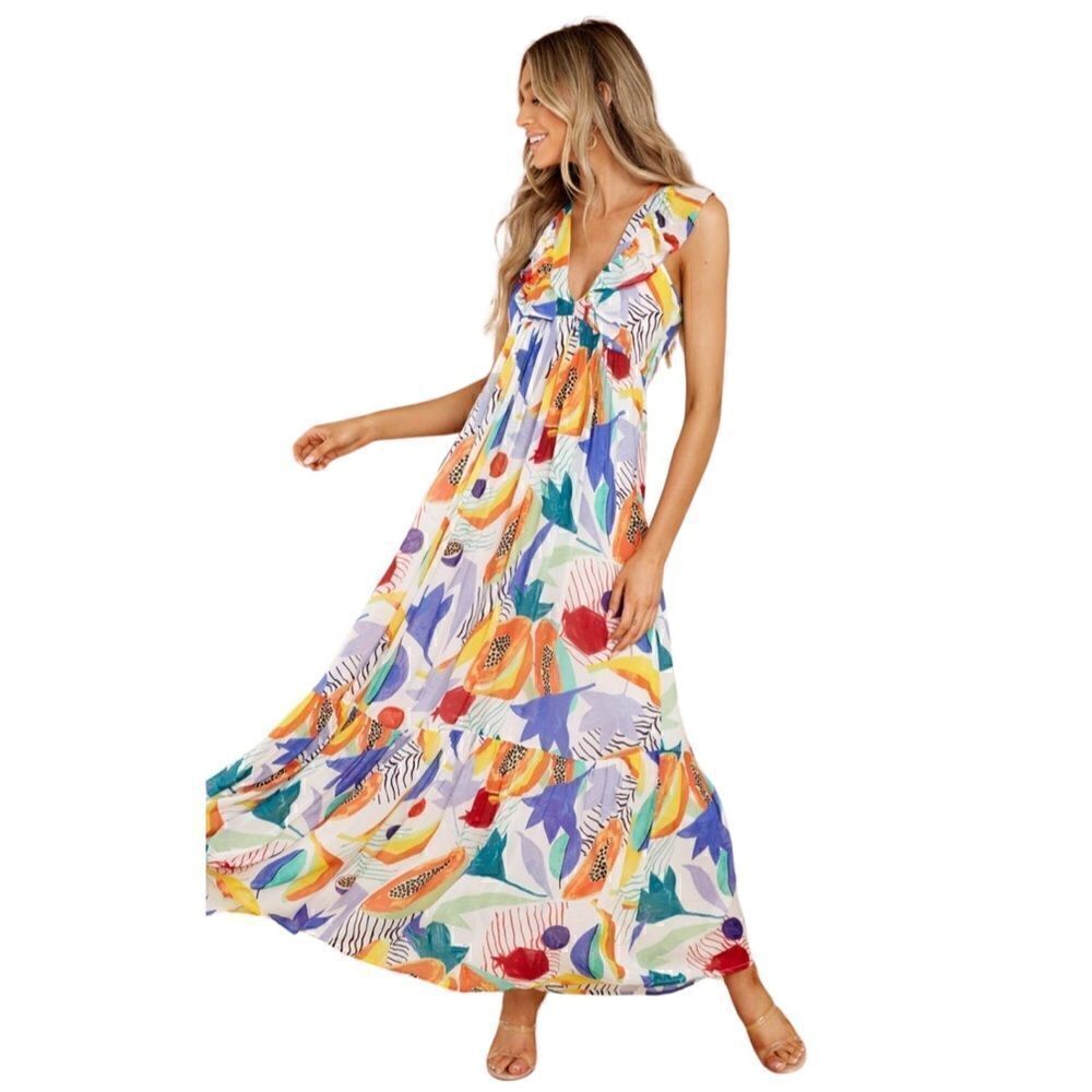 OLIPHANT Ruffle V-Neck Maxi in Papaya Yellow, Silk Blend. Vibrant! Size XS. NWT! - Picture 4 of 16
